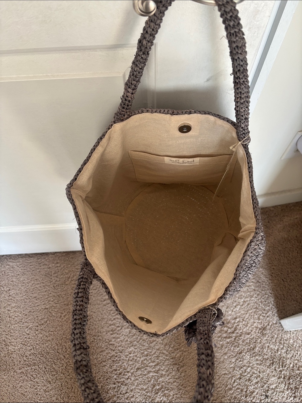 NWT Mar Y Sol Half Moon Raffia Tote Bag, Gray - Picture 3 of 7